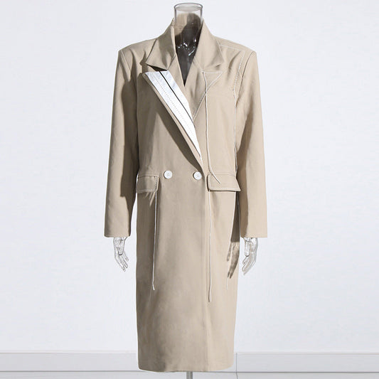 Office Long Trench Coat Fall Lapels Long Sleeve Stitching Large Pocket Double Breasted Coat