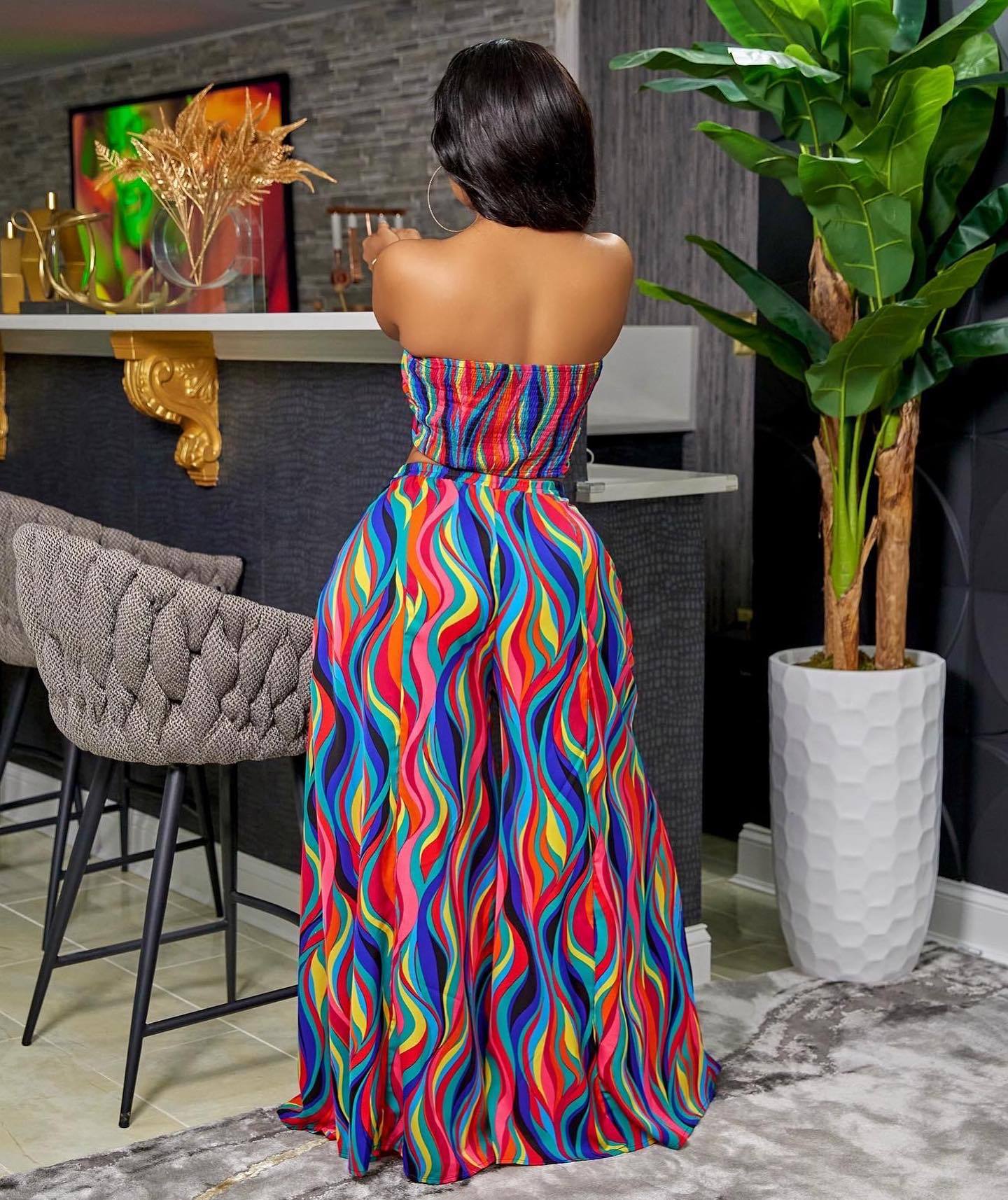 Women Clothing Spring Summer Colorful Printing Lace Up Tube Top Wide Leg Pants Suit