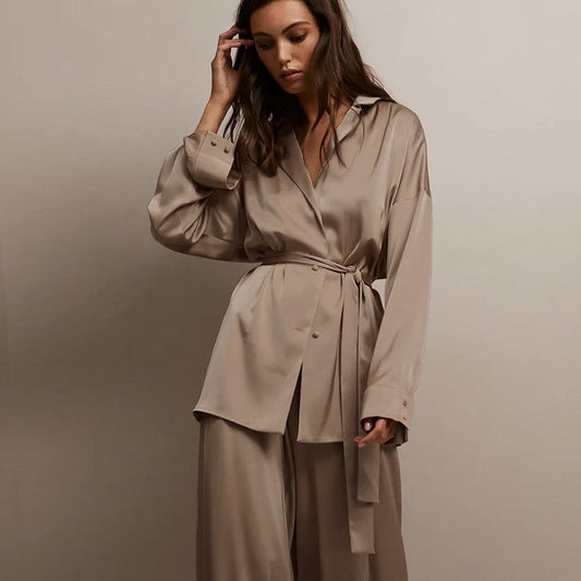 Autumn Pajamas Two Piece Nightgown Trousers Comfortable Breathable Artificial Silk Simple French Pajamas Women