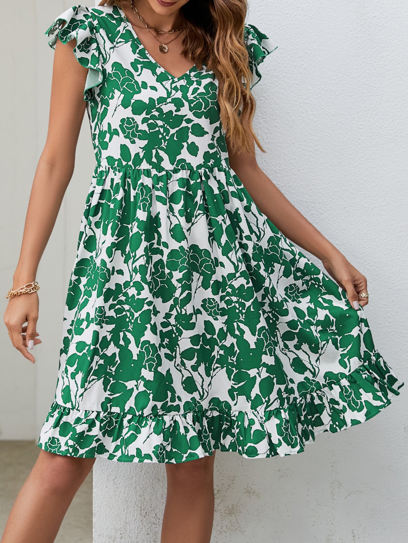 Summer Popular Leaf Printed Dress V Neck Ruffled Sleeve Casual Holiday Dress