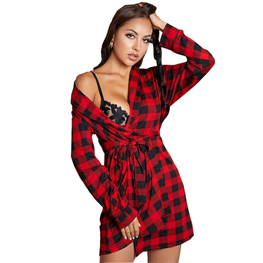 Sexy Nightdress Nightgown Pajamas Ladies Plaid Printed Home Wear Middle East Exclusive