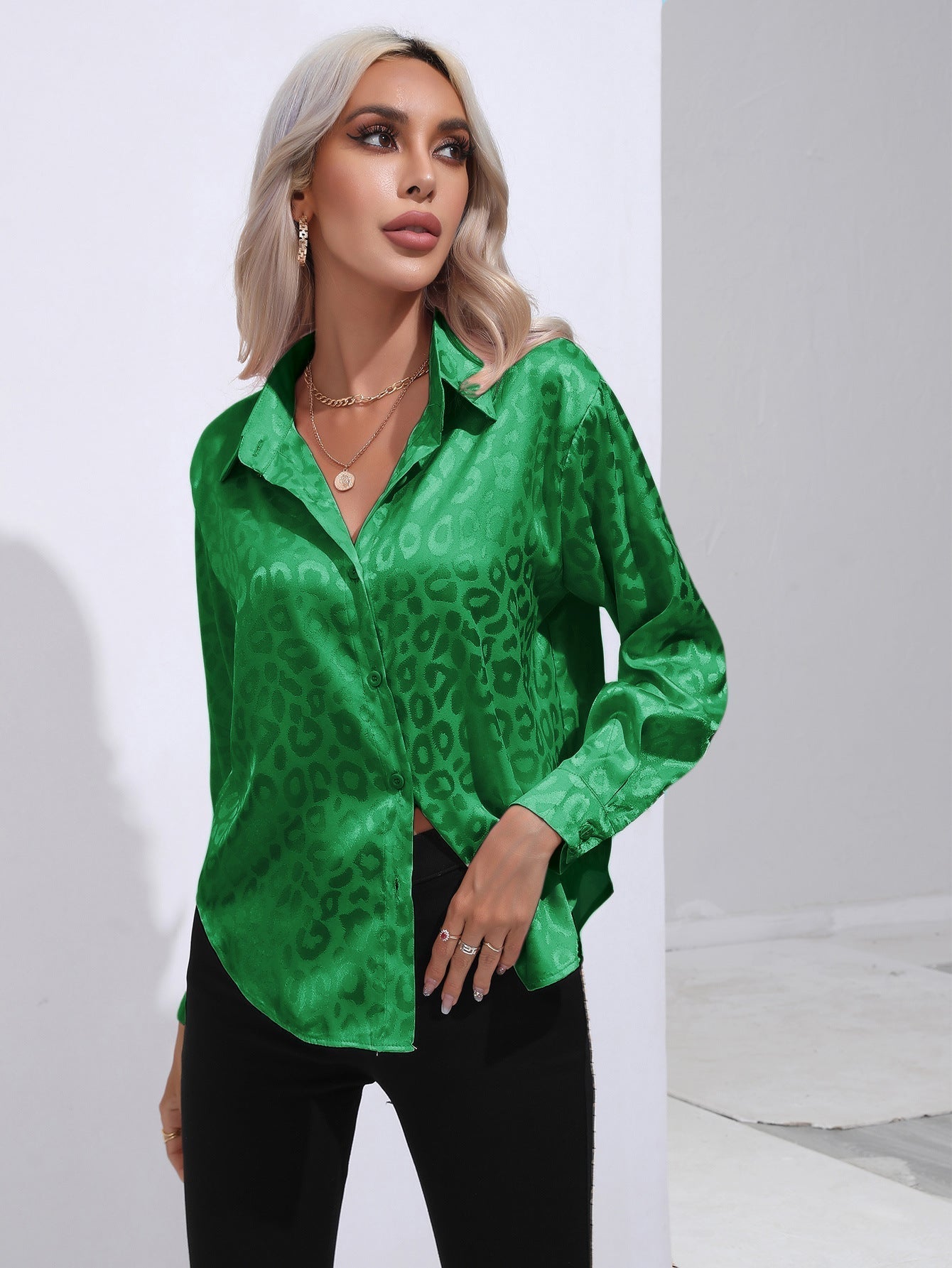 Leopard Print Satin Satin Silk Long Sleeve Shirt Women Clothing