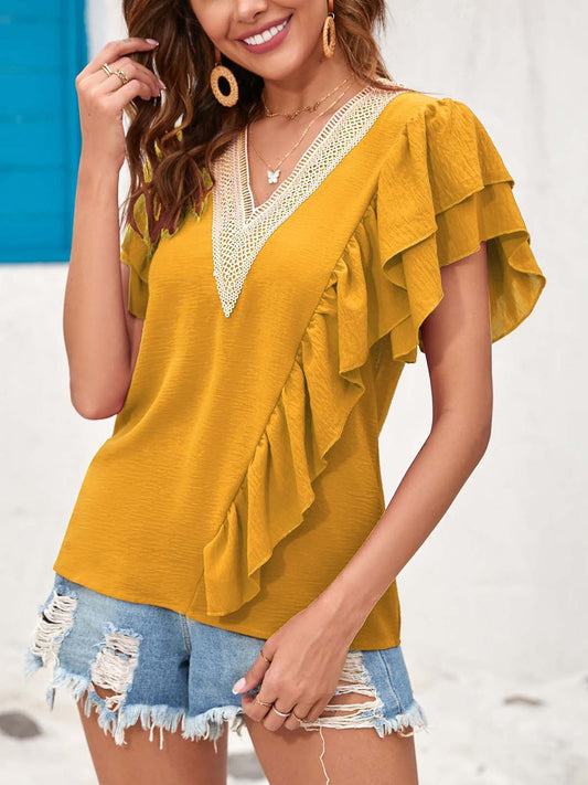 Women Clothing Popular Shirt Top Summer Solid Color Lace Stitching Women Clothing