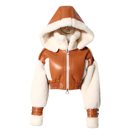 Fur One Piece Lamb Fur Short Coat Women Winter Retro Patchwork Contrast Color Hooded Motorcycle Jacket Top