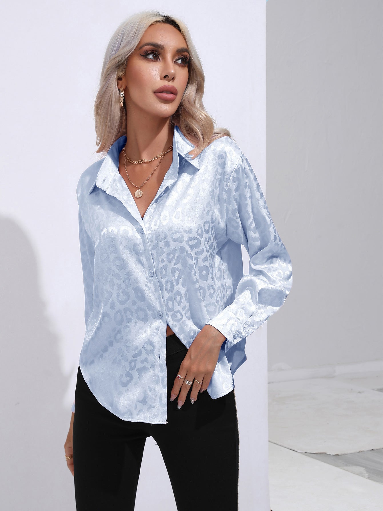 Leopard Print Satin Satin Silk Long Sleeve Shirt Women Clothing