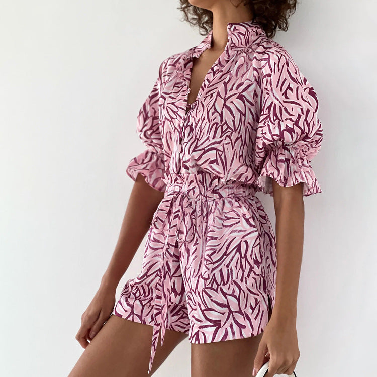 Women  Clothing Summer Stand Collar Short Sleeve Shirt High Waist Lace up Shorts Two Piece Set Casual Set