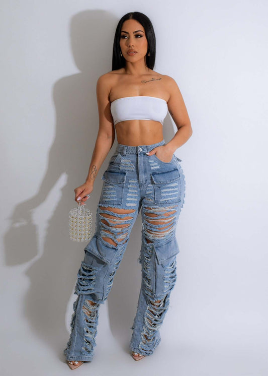 Women Clothes Sexy Ripped Wash Tooling Bag Jeans