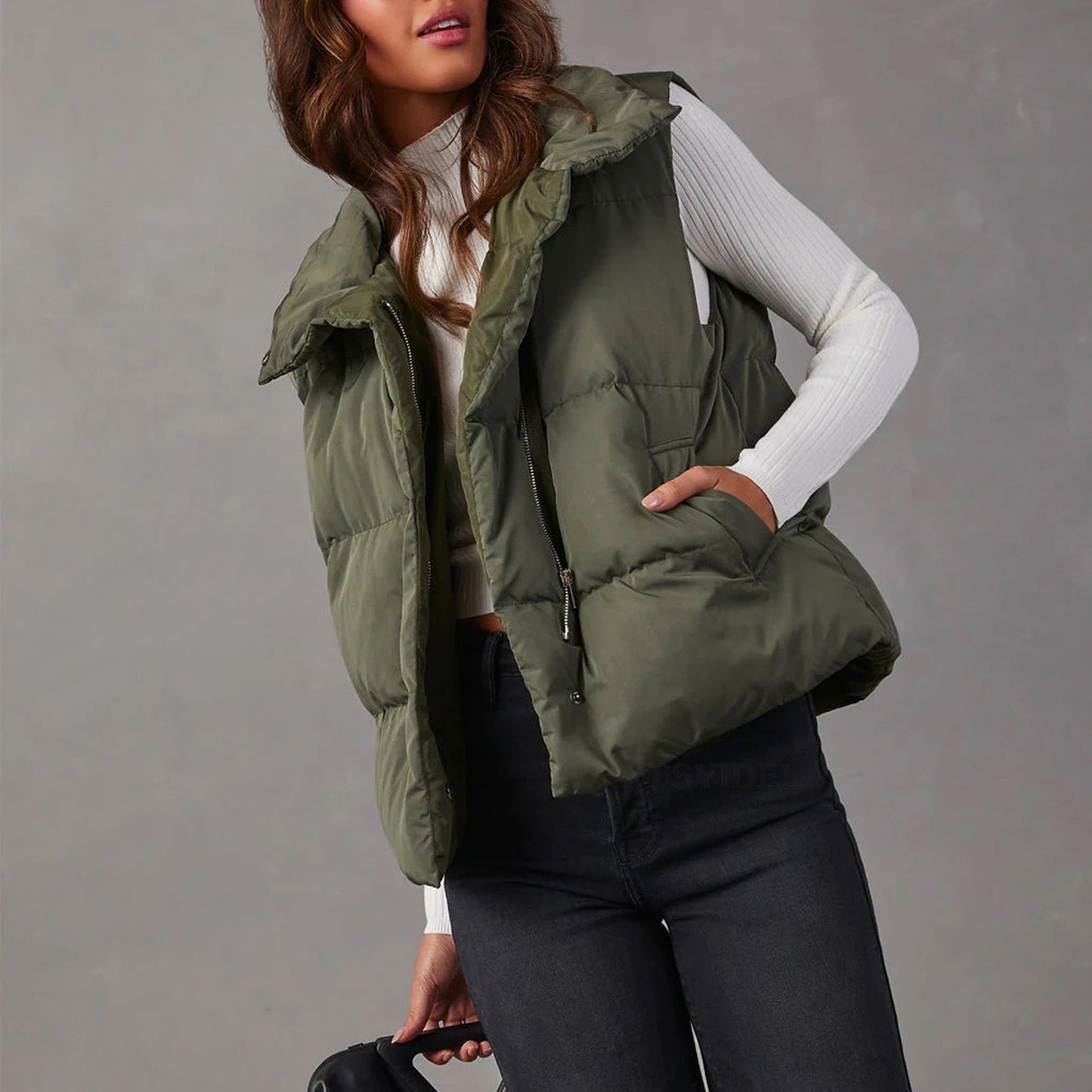 Autumn Winter Solid Color Vest Collared Sleeveless Cotton Padded Jacket Vest Cardigan Women