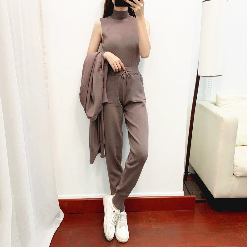 Autumn Fashionable Graceful sets Women Clothing Western Youthful Looking Casual Knitted Cardigan Vest Pants Three Piece Set