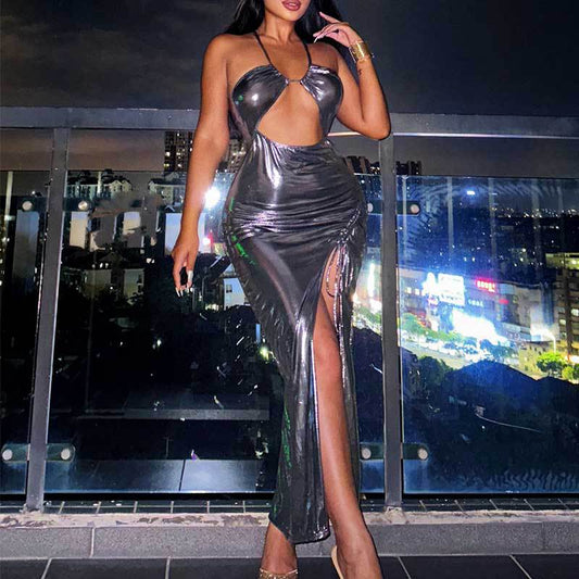Dress Sexy Sexy High Slit Glossy Ruched Halter Chest-Flattering Dress