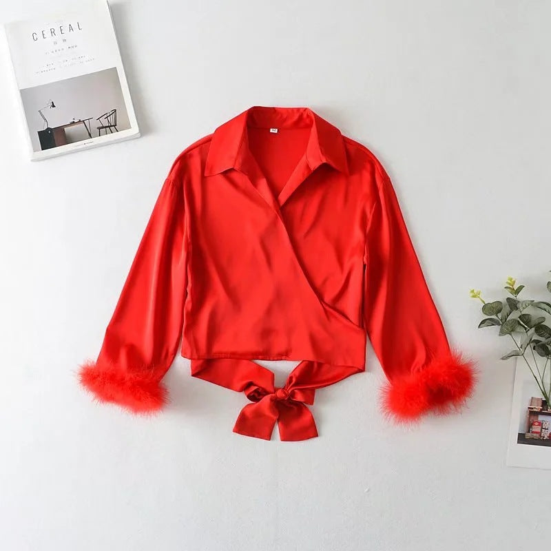 American-Style Collared Short Sexy Furry Long-Sleeved Shirt Women Spring Summer Pure Sexy Lace-up Cardigan Red Top