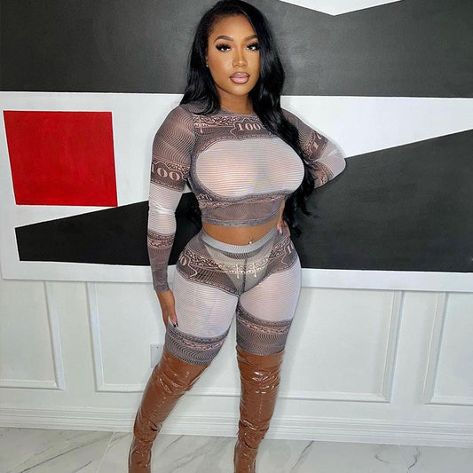 Sexy Mesh See through Suit Long Sleeve round Neck Short Top Points Leggings Two Suits