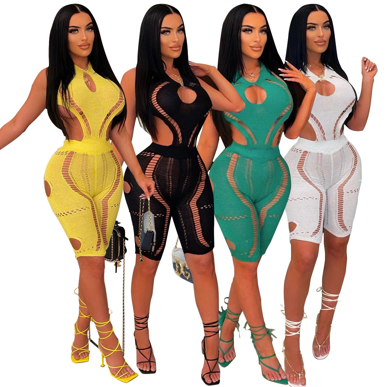 Women Clothing Spring Summer Nightclub Sexy Knitted Sweater Hollow-out Romper