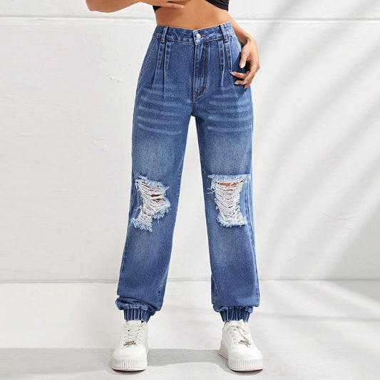Women Clothing High Waist Slimming Holes Ankle Tied Jeans