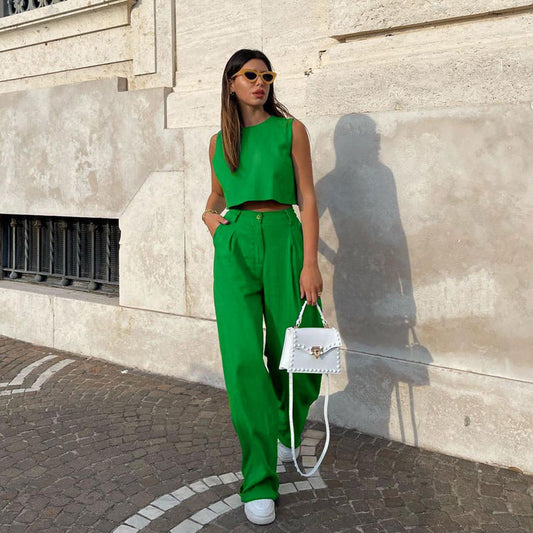 Summer Solid Color Sleeveless Green Top Bell-Bottom Pants Suit Commuting Fashion Women Clothing