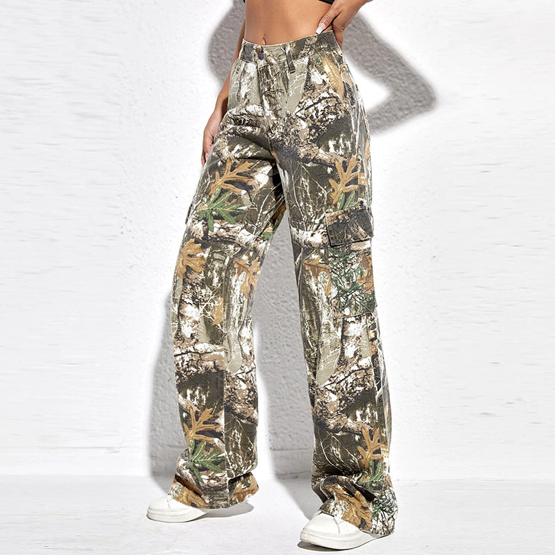 Embroidered Printed Camouflage Trousers Spring High Waist Stitching Zipper Casual Baggy Straight Trousers Women