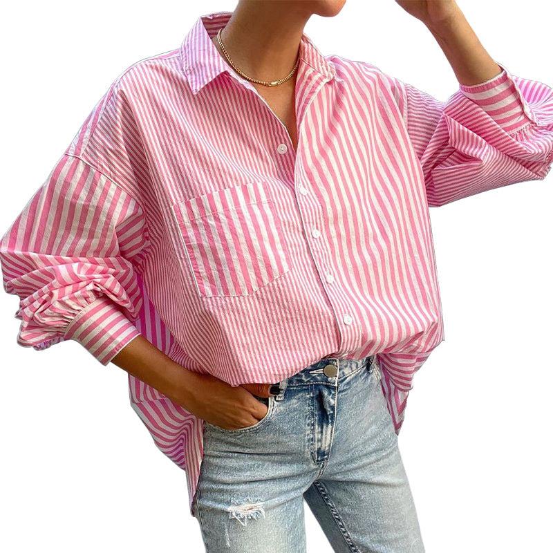 Autumn Women Clothing Collared Loose Long Sleeve Striped Shirt