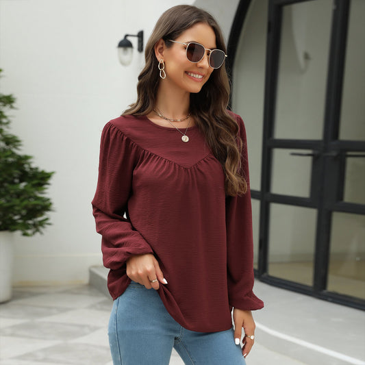 Autumn Solid Color Pullover Lantern Sleeve Chiffon Shirt Top