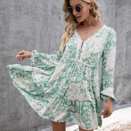Loose Casual Floral Lace Splicing Pullover Long Sleeve V neck Printed Dress Women