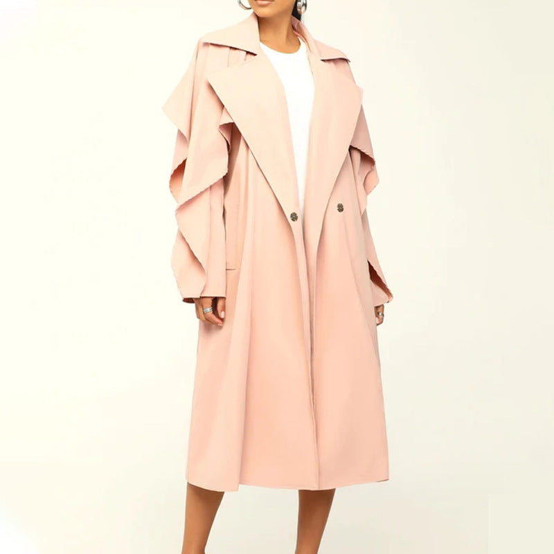 Autumn Winter Women  Clothing Fashionable Polo Collar Solid Color Mid Length Trench Coat