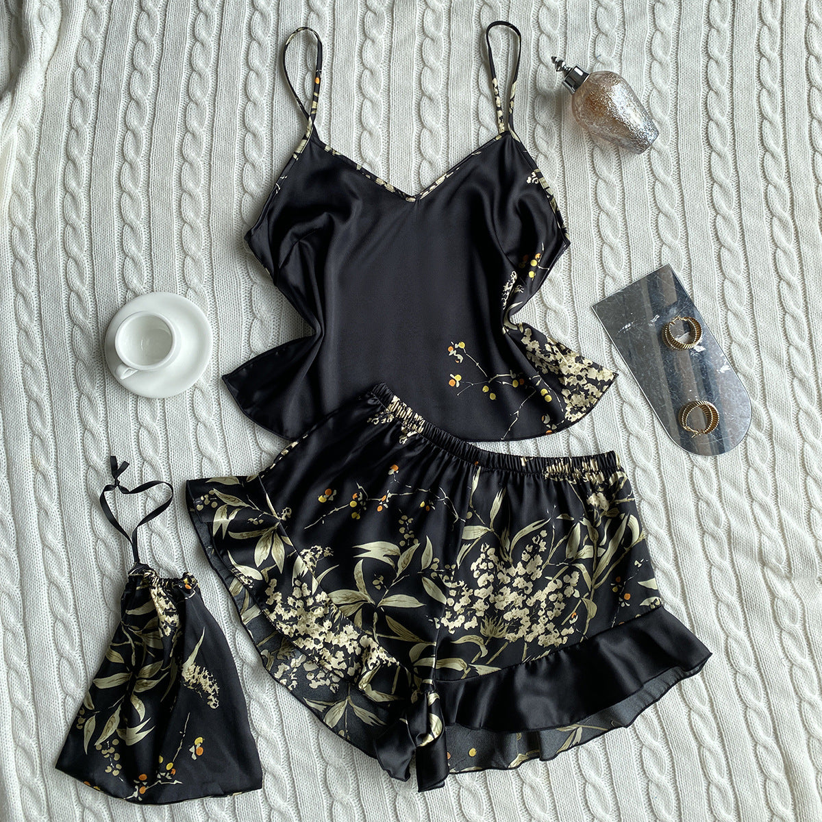 Spring Summer Imitated Silk Pajamas Two-Piece Printed Shorts Home Wear Suit Sexy Sling Dress