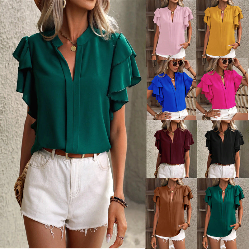 Women Clothing Summer V neck Casual Double Layer Ruffle Sleeve Solid Color Shirt Top