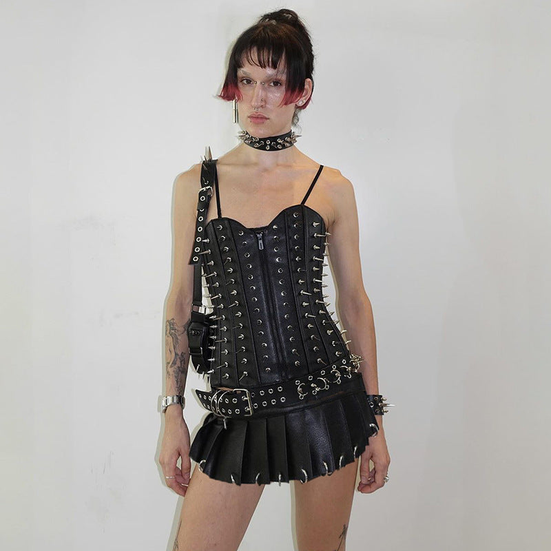 Street Punk Velcro One Piece Leather Skirt Personalized Heavy Industry Metal Ring Buckle Sexy Mini Skirt