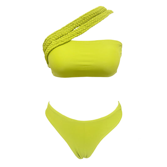 One Shoulder Braid Rope Lace Up Tube Top Solid Color Split Swimsuit Women Bikini Bikini