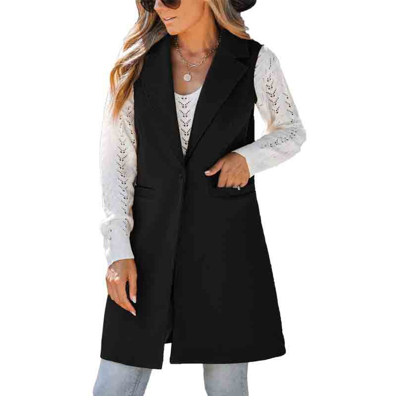 Autumn Winter Simplicity Vest Collared Button Sleeveless Woolen Coat for Women