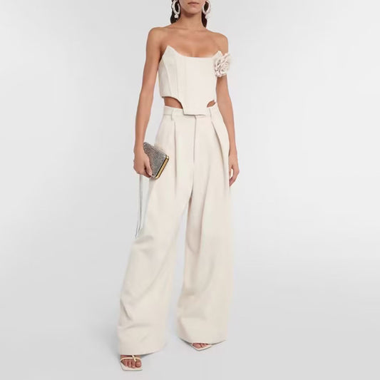 Tube Top Boning Corset Cropped Outfit Top Casual Wide Leg Pants Solid Color Sexy Suit Two Piece Set for Women