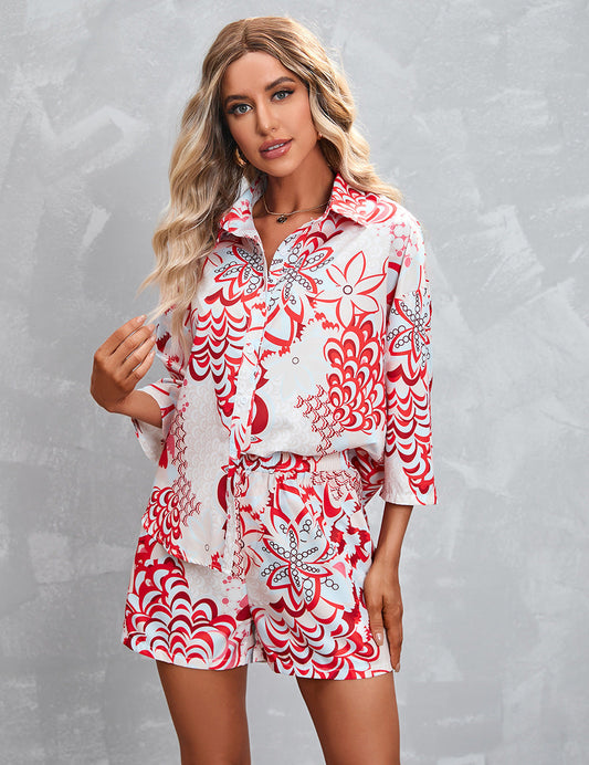 Women Clothing Printed 3/4 Sleeves Shorts Casual Suit