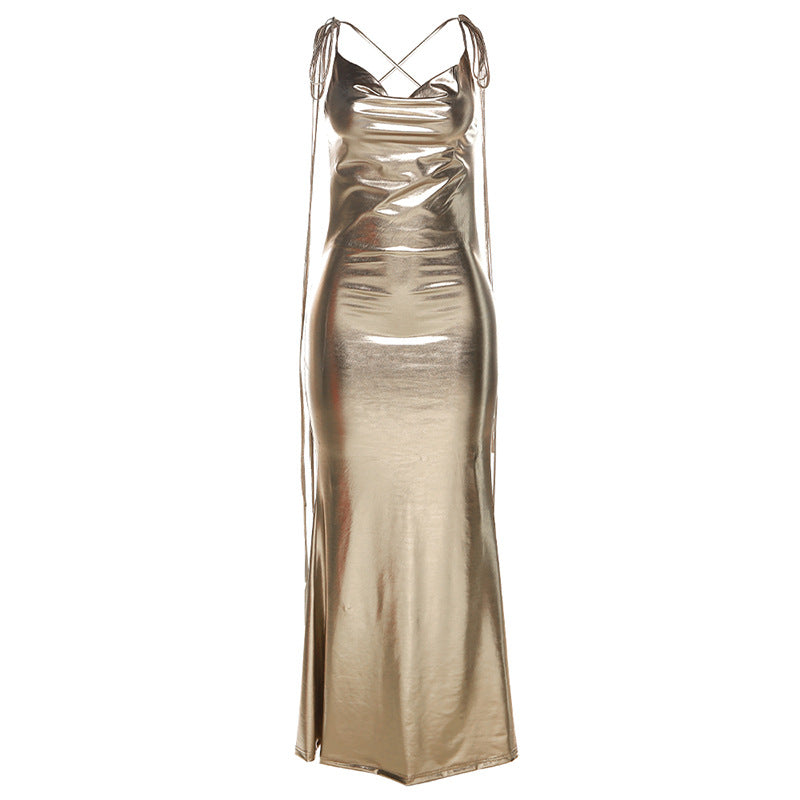 Metallic Coated Fabric Spring Summer Women Clothing off Neck Sexy Backless Slim Fit Evening Dress
