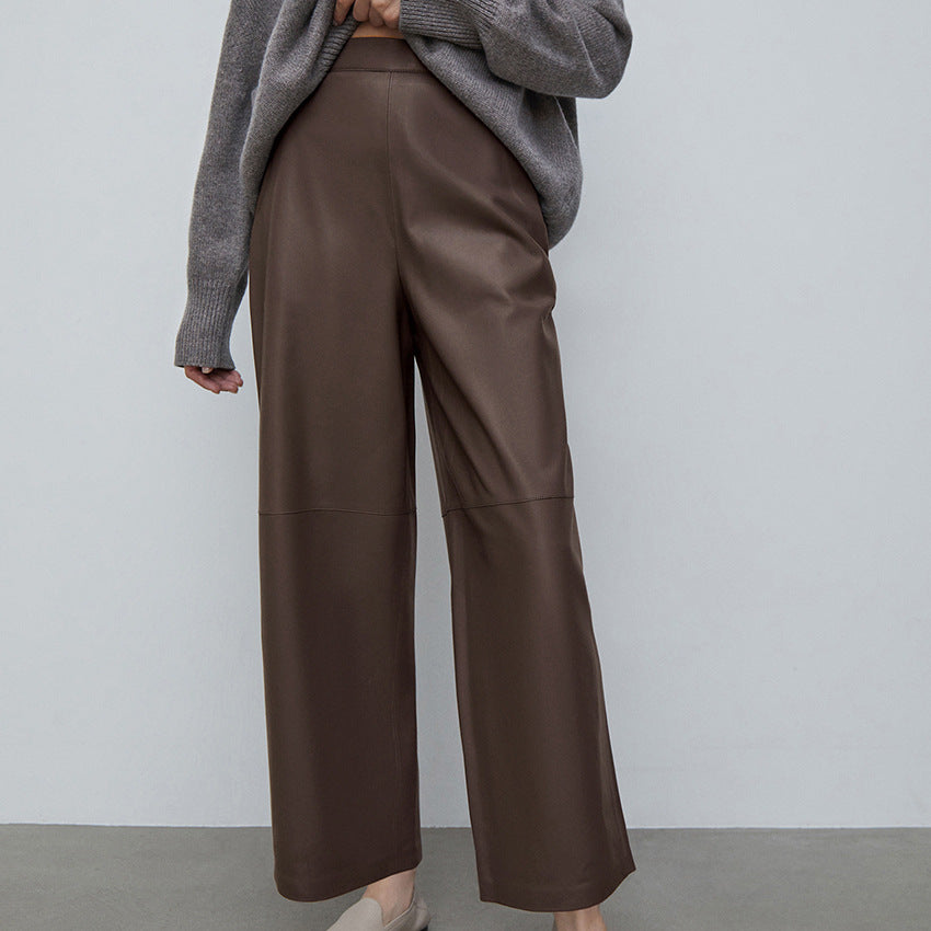 Brown Leather Straight Leg Pants High Waist Casual Leather Pants Autumn Winter Pants Office Trousers for Women