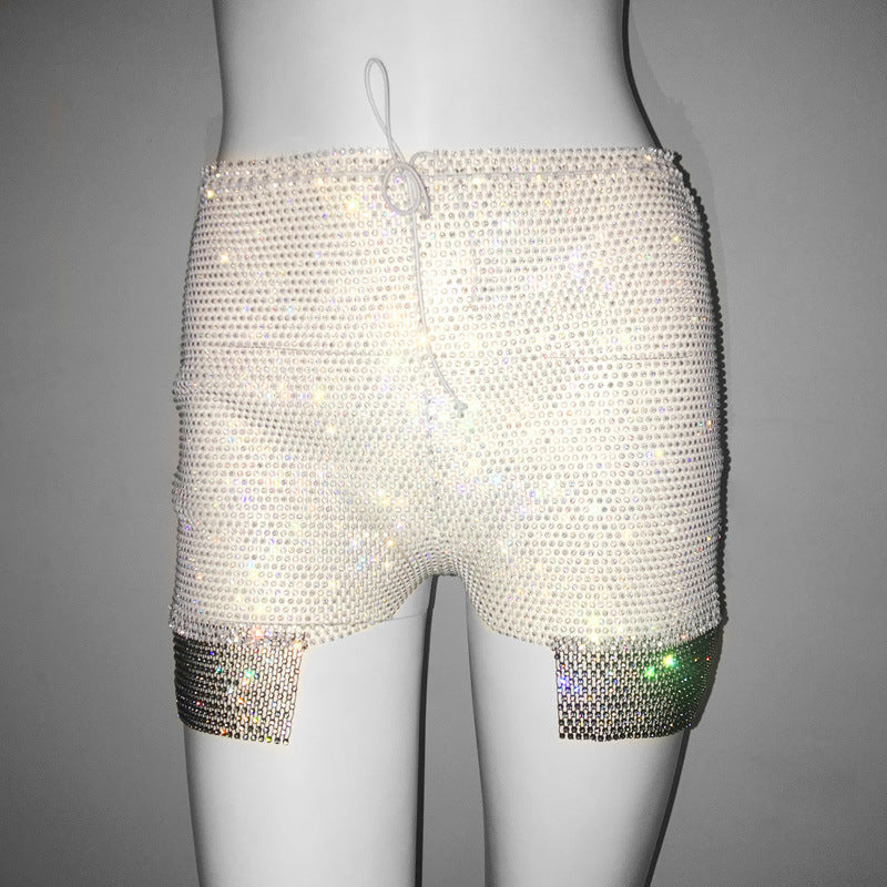 Drawstring High Waist Super Short Shorts Sexy Casual All Matching Pants Rhinestone Fishnet Shorts