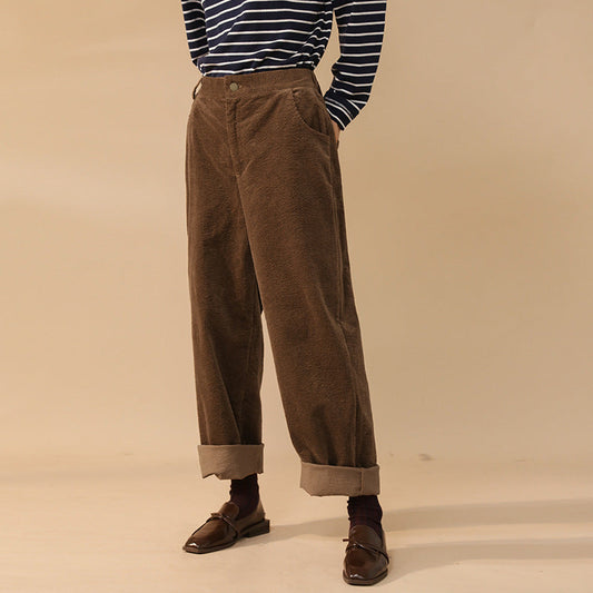 Autumn Winter Corduroy Casual Straight Trousers Simple Elastic Waist Loose Slimming Wide Leg Pants for Women