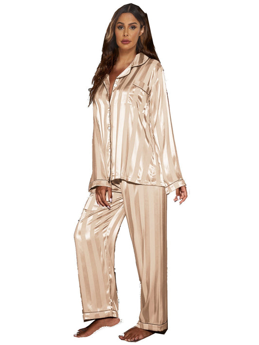 Jacquard Wide Stripe Home Wear Set Pajamas Women Supply Satin Cardigan Long Sleeve