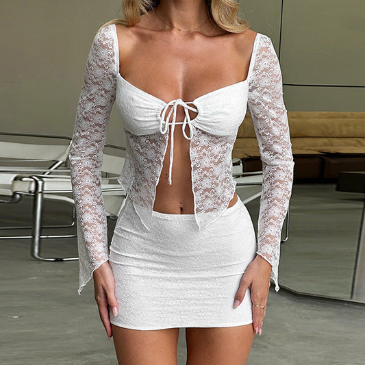 Women Clothing Autumn Winter Sexy Lace Skirt Sexy Suit