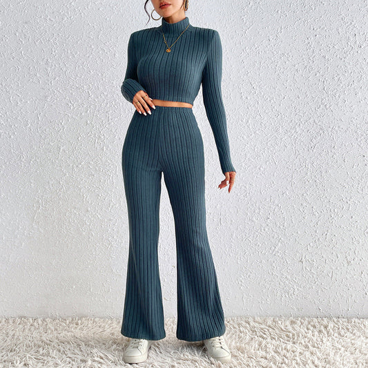 Autumn Winter Solid Color Knitted Long Sleeve Turtlenecks Wide Leg High Waist Trousers Suit
