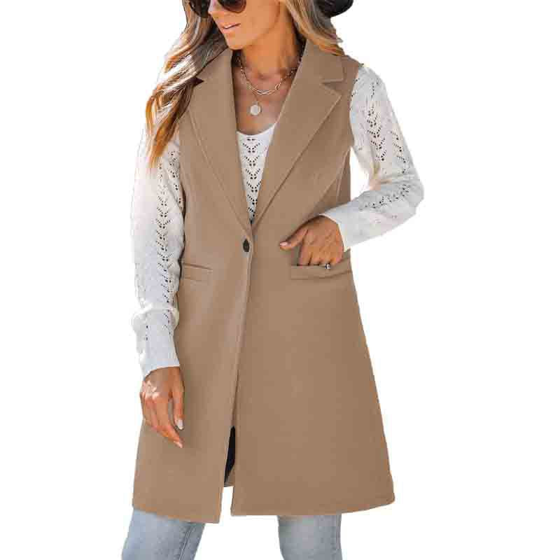 Autumn Winter Simplicity Vest Collared Button Sleeveless Woolen Coat for Women