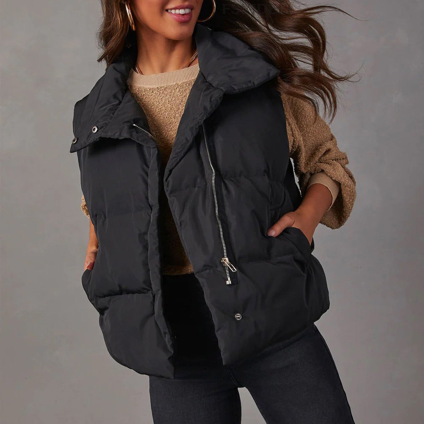 Autumn Winter Solid Color Vest Collared Sleeveless Cotton Padded Jacket Vest Cardigan Women