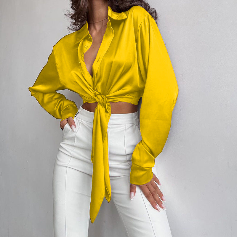 Spring Collared Long Sleeve Cropped Women Cropped Top