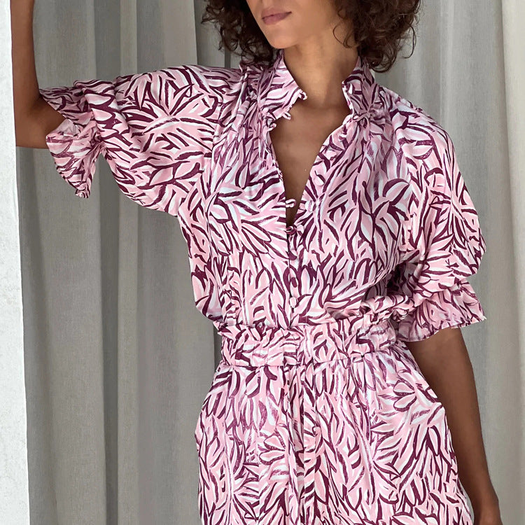 Women  Clothing Summer Stand Collar Short Sleeve Shirt High Waist Lace up Shorts Two Piece Set Casual Set