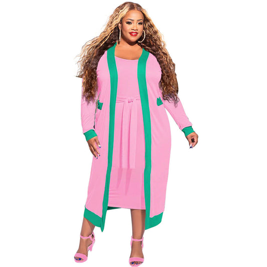 plus Size Chubby Women Clothes Casual Solid Color Striped Stitching Long Sleeve Coat Lace up Vest Dress Set Women