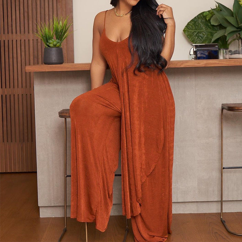 Summer Women Clothing Personalized Strap Top Loose Wide Leg Pants Set