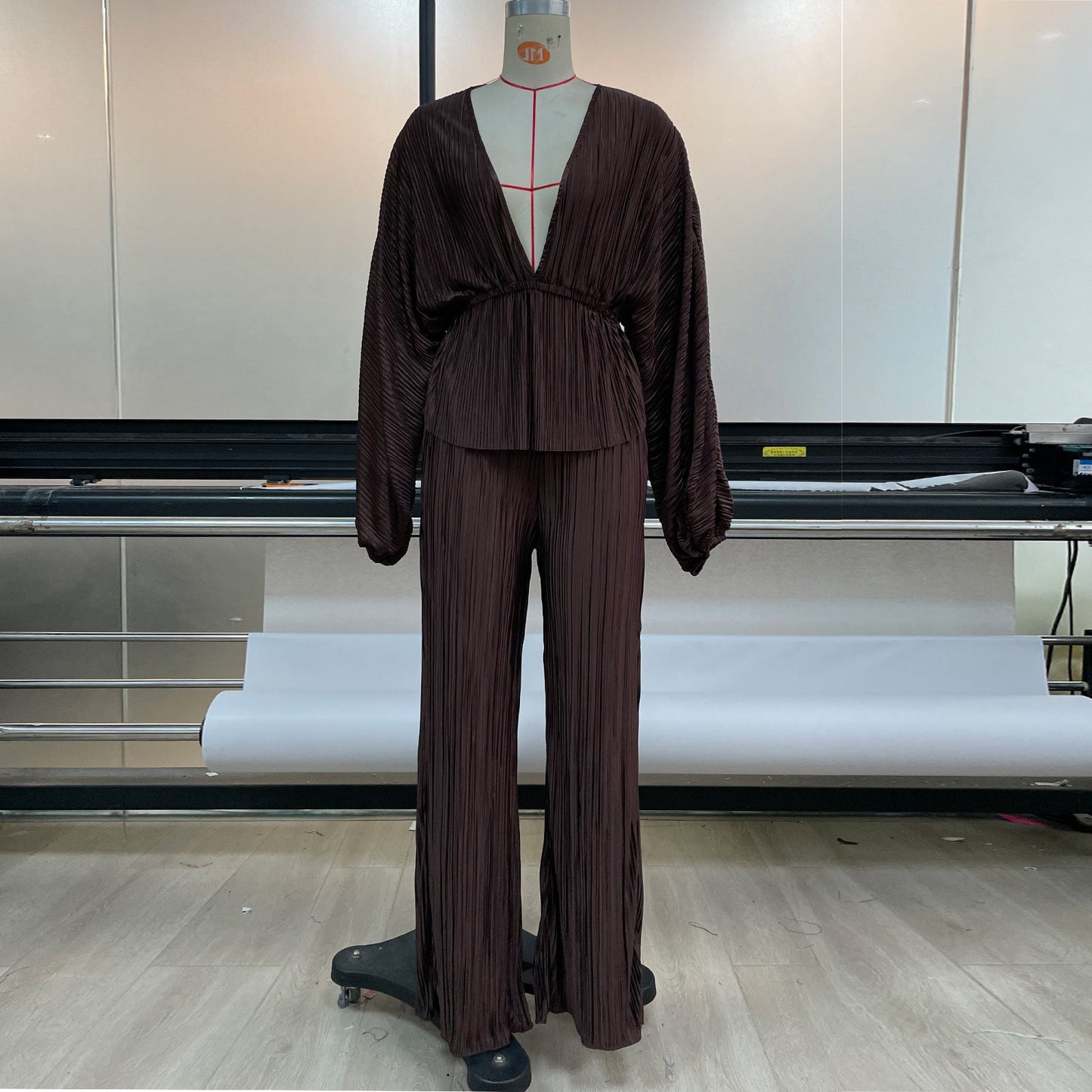 Women Clothing Set Autumn Winter High Elastic Pleated Waist Deep V Plunge Plunge Sexy Casual Wide Leg Pants Two Piece Set
