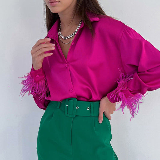 Summer New Fashion Casual Shirt All-Matching Women Wear Ice Silk Feather Stitching Ostrich Feather
