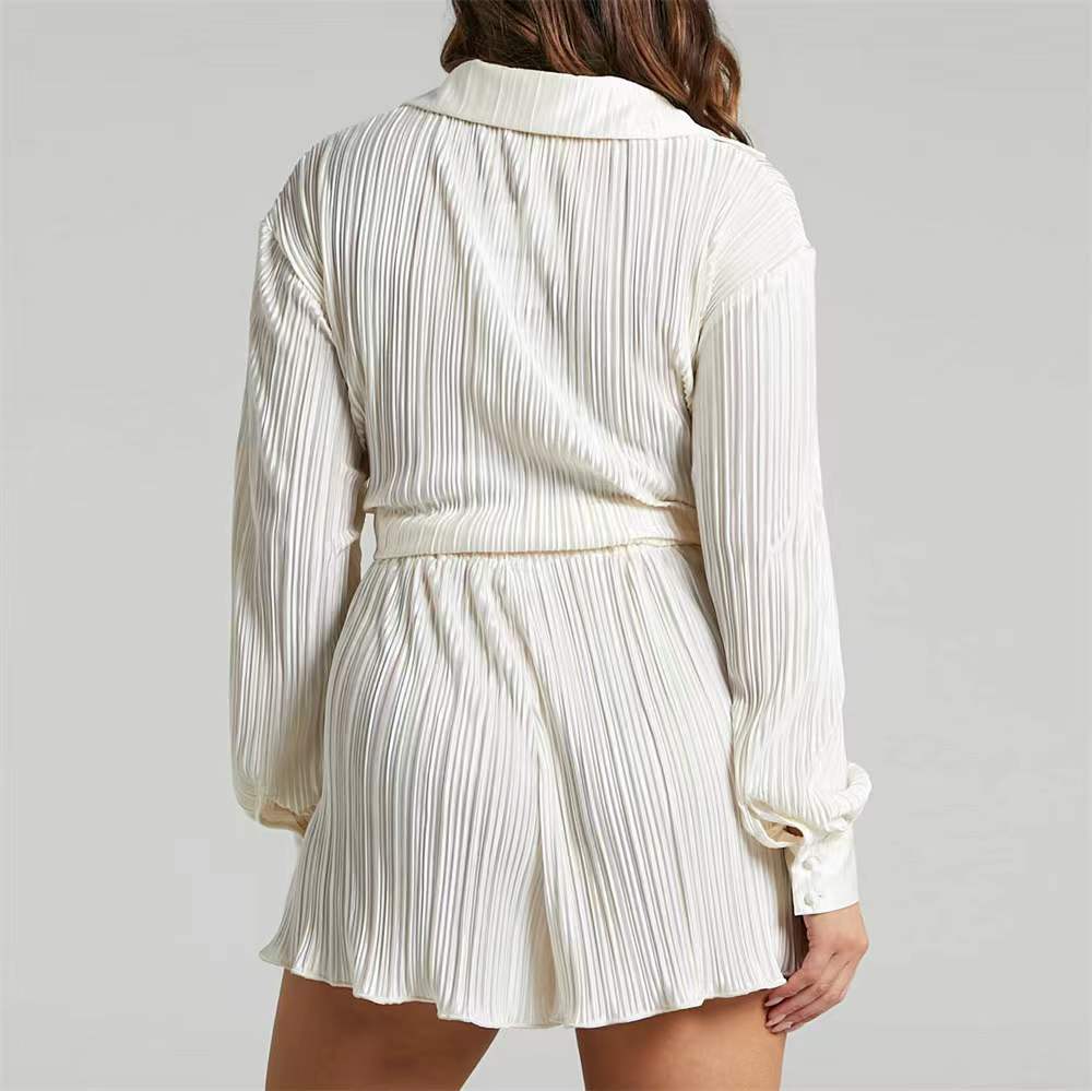 Spring Summer New Popular Fashion V-neck Pleated Long Sleeve Collared Shorts Fashion Suit