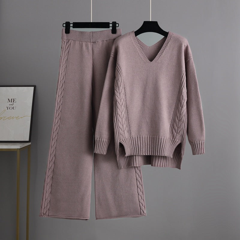 Knitted Wide Leg Pants Sweater Suit for Women Autumn Korean Loose Thick Twet