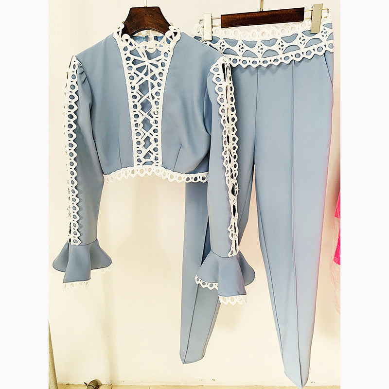 Goods Stars Hollow Out Cutout Lace Bell Sleeve Short Top Skinny Pants Suit Two Piece Set