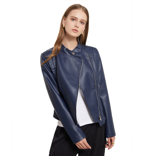 Faux Leather Collared Women Slim-Fit Leather Coat Women Spring Autumn Thin Long Sleeve Coat Short Women Jacket Plus Size